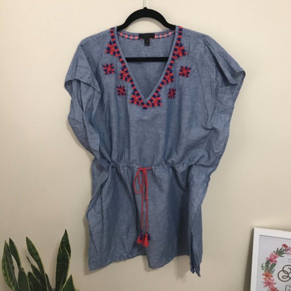 J. Crew Tops - J. CREW linen embroidered tunic with tassels O16
